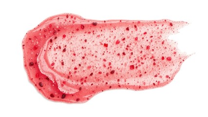 Texture of a smear of exfoliating scrub with dark red grains for skincare and beauty products, on a plain white backdrop