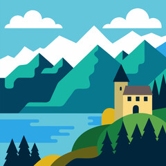 Lake with  mountains vector landscape background.