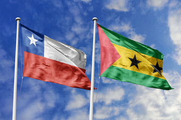The Flags of Chile and Sao Tome and Principe Waving Together, Symbolizing Diplomatic Ties Between...