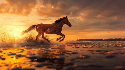 Wild horse running free on the beach at sunset.