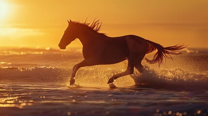 Wild horse running free on the beach at sunset with water splashing around its legs.