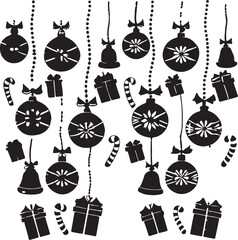 Festive christmas ornament decorations holiday silhouette design featuring baubles bells and gift boxes in a black and white arrangement