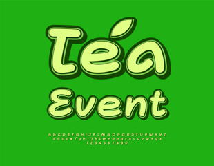 Naklejka premium Vector Eco emblem Tea Event. Vintage Green Font. Retro style Alphabet Letters and Numbers