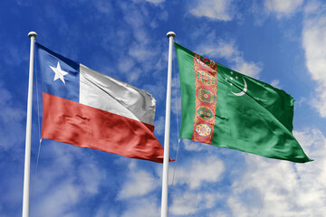 The Flags of Chile and Turkmenistan Waving Together, Symbolizing International Relations Across...