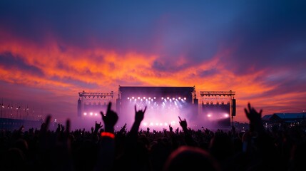 Golden Hour Rock Concert Crowd with Glowing Wristbands and Dramatic Stage Lights – Energetic Editorial Scene