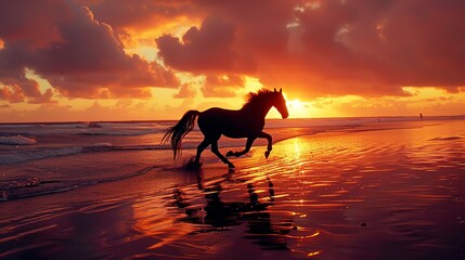 Image of a horse running on the beach at sunset. The horse is black and the sun is setting behind it.