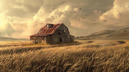 A lonely barn stands in a field of wheat. The setting sun casts a warm glow over the scene. A flock of birds flies overhead.