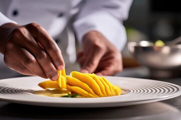 A Michelin-starred chef carefully placing mango slices on a stylish gourmet dish, flawless plating technique