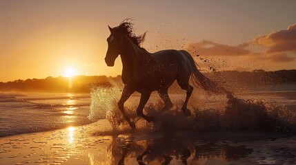 Wild horse running free on the beach at sunset with water splashing around its legs.
