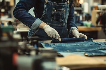Gloved worker in denim overall folds blue jeans fabric at the factory table