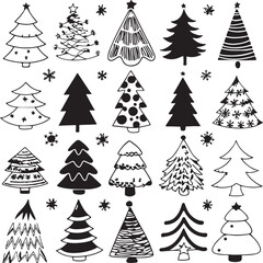 Obraz premium Hand drawn christmas tree illustrations collection in black and white decorative festive elements for holiday season greetings and invitations