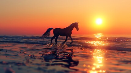 The image is a beautiful silhouette of a horse running in the ocean at sunset.