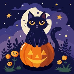 Black Cat on Jack-o'-Lantern under Moonlight