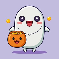 Cute Kawaii Ghost Holding Pumpkin Candy Bucket
