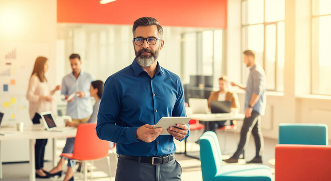 Confident businessman holding tablet, standing in modern office, colleagues working in background, showcasing leadership and technology integration in a vibrant workspace. - Powered by Adobe