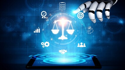Futuristic digital law interface displaying justice scale, highlighting digital law, AI compliance,...