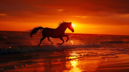 Wild horse running free on the beach at sunset with the sun creating a beautiful orange glow on the water.