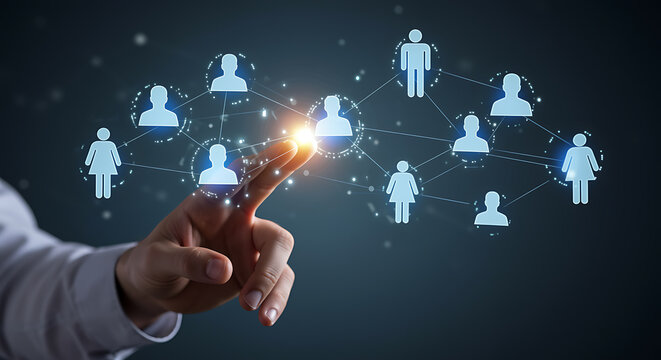 Hand pointing to glowing human network connecting people across a digital interface
