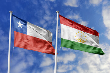 The Flags of Chile and Tajikistan Waving Together, Symbolizing International Relations Across Diverse Continents.