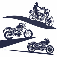 Obraz premium Three Dark Blue Motorcycle Silhouettes Riding on Abstract Roads Vector Illustration Set
