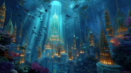 Underwater Hidden City Palace with Seashell Spires and Pearl Bridges, Fantasy Oceanic Atlantis Illustration