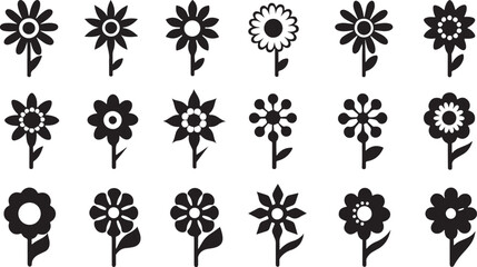 Set of stylized black and white floral illustrations featuring various flower shapes and designs for use in creative projects and design elements