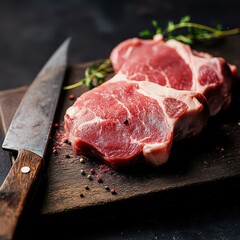 Fresh cuts of meat on a wooden cutting board
