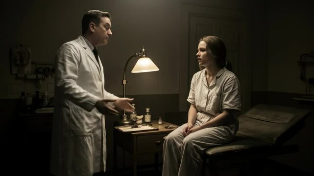Doctor Consulting with Young Patient in Dimly Lit Office - A doctor in a white coat speaks with a young woman sitting on an examination table in a dimly lit medical office.