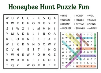 Honeybee Themed Word Search Puzzle with Solutions for Educational and Recreational Activities