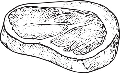 A hand-drawn black-and-white sketch of a juicy beef steak, featuring detailed muscle texture, ideal for butcher shop ads, meat recipes, or culinary art prints