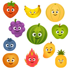 Strawberry Banana Blueberry Muskmelon Watermelon Grapes Green Apple Orange Mango eyes and face smiling 3d game illustration cartoon vector art fully editable ripe fresh fruit merge game asset svg