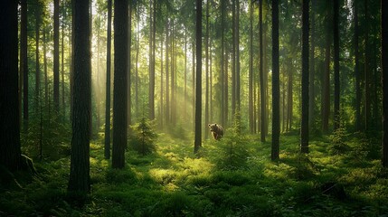 Obraz premium Enchanting Forest Scene with Bear Surrounded by Sunlight Rays
