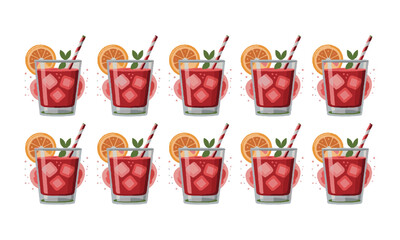 Scalable modern vector illustration inspired by a collection of ten red-toned cocktails, Negroni cocktail set with ice cubes and orange slice garnish in a glass, easily editable.

