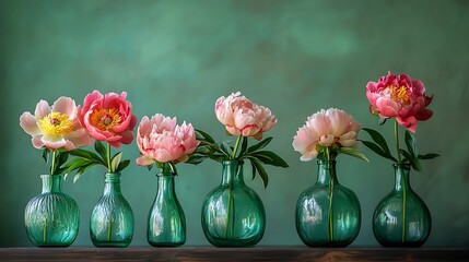 Pink peony flowers elegantly bloom within green glass vases against an abstract teal backdrop