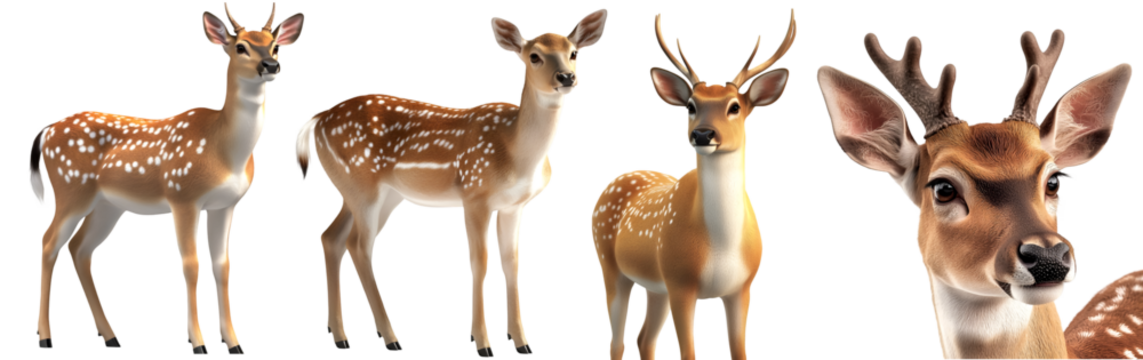 Group of wild deer and stags with antlers standing in line isolated on white background

