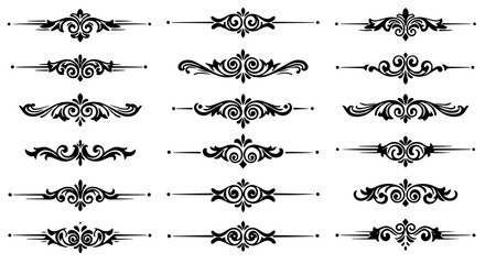 Elegant decorative dividers set for design projects.  Collection includes ornate flourishes and classic swirls for vintage style.  Set of decorative elements perfect for invitations or announcements.