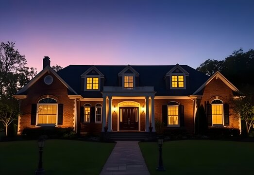Old brick Dutch houses with glowing windows line a historic European street under a twilight sky