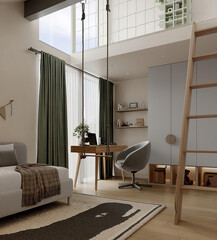 Modern luxury apartment interior in minimal scandinavian style, 3d rendering