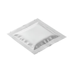 New, fully sealed, blank silver-white metallic foil screen cleaning wipe sachet, rectangular, on a pristine transparent seamless background with shadowless studio lighting, 3/4 view, ultra-realistic