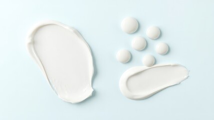 Smooth swirls and neat round blobs of creamy white beauty product arranged artistically on a soft light blue backdrop