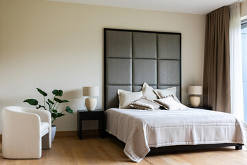 Modern luxury bedroom interior in minimal scandinavian style, 3d render