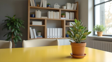 Potted Plant in Cozy Bookshelf Interior
