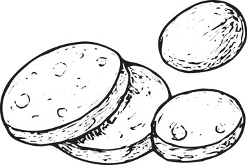A hand-drawn black-and-white sketch of a raw ham roll, showing layered meat and fat, ideal for charcuterie boards, holiday recipes, or meat product packaging