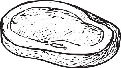 A hand-drawn black-and-white sketch of a juicy beef steak, featuring detailed muscle texture, ideal for butcher shop ads, meat recipes, or culinary art prints