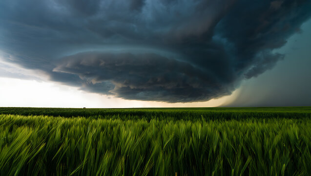 Imposing dark storm clouds over lush green wheat field