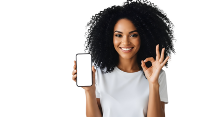 Woman Showing Phone with Blank Screen and Giving OK Sign Transparent Background