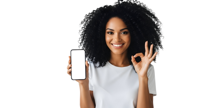 Woman Showing Phone with Blank Screen and Giving OK Sign Transparent Background - Powered by Adobe
