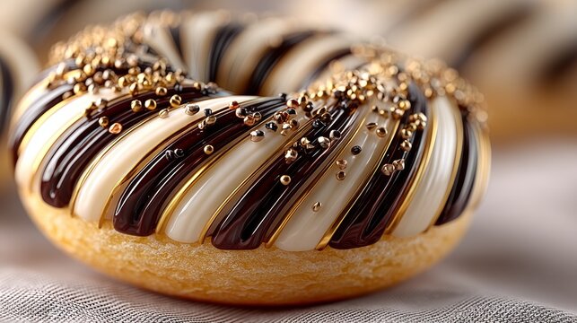 Closeup of chocolate glazed donut with seeds and frosting swirl for dessert sweet pastry food theme
