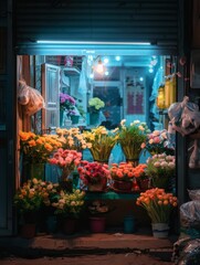 Fototapeta premium Under the soft lighting, the flower stand on the balcony is arranged in an orderly yet varied manner