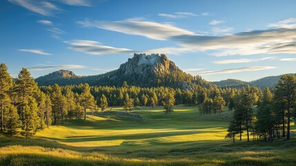 Obraz premium Scenic landscape view of a mountain, forest, and grassland.